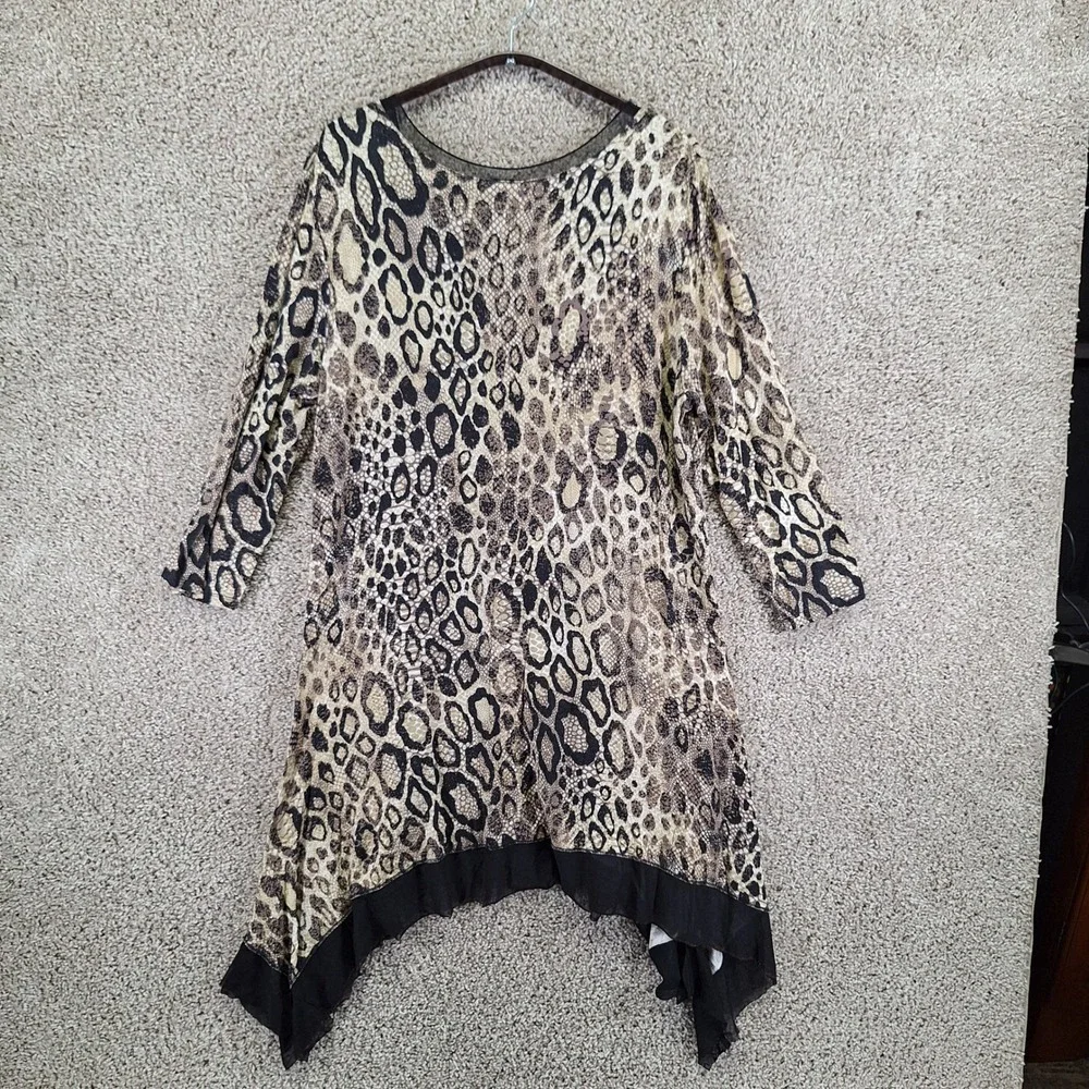 Cupio Tunic Dress Women's XL White Black Leopard Print Sheer Asymmetrical Hem